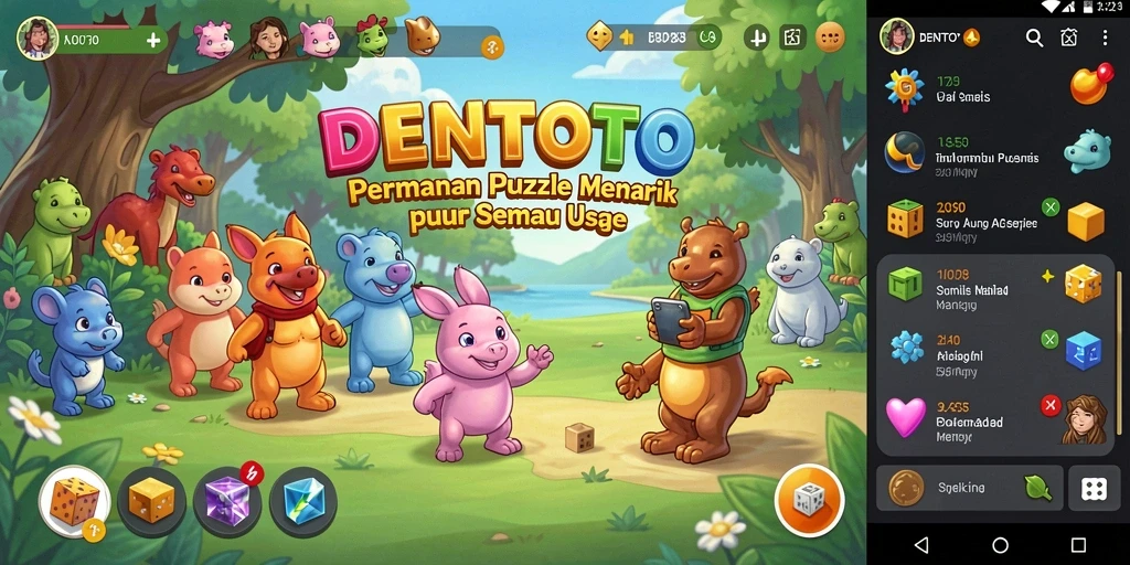 Screenshot gameplay DENTOTO menampilkan teka-teki yang menarik dan warna-warna cerah.