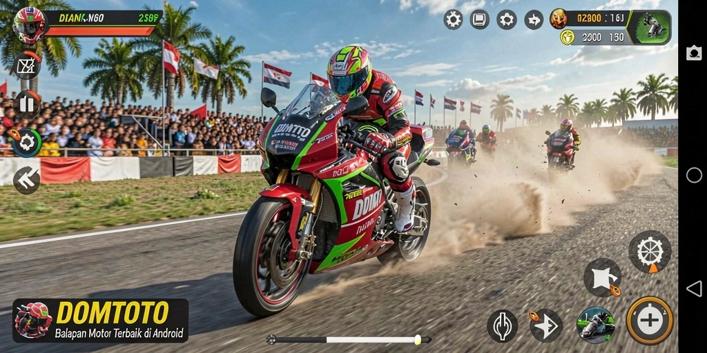 Screenshot utama DOMTOTO menampilkan aksi balapan motor yang seru.