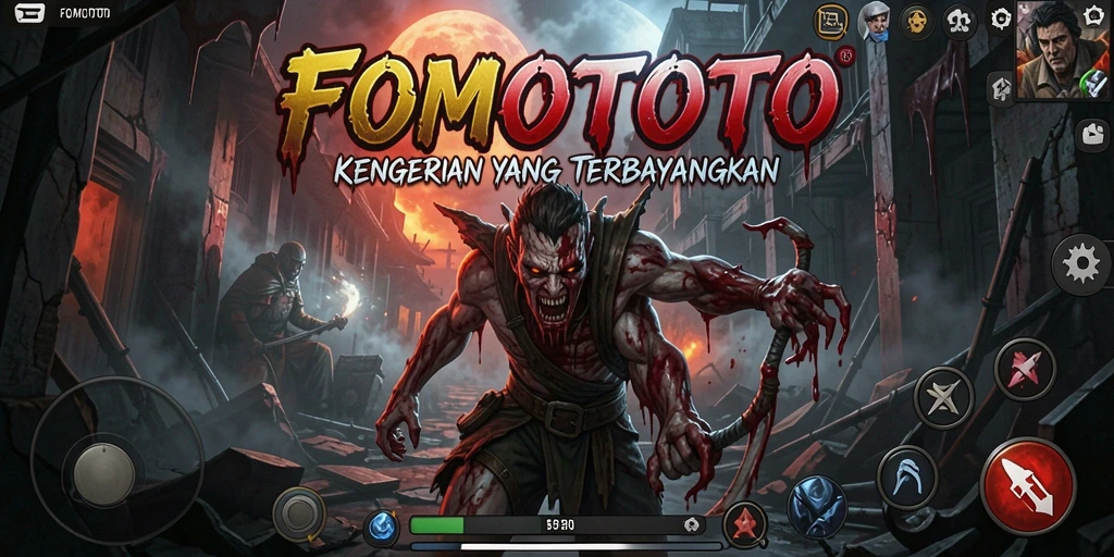 Screenshot gameplay FOMOTOTO menunjukkan makhluk menyeramkan dalam kegelapan.