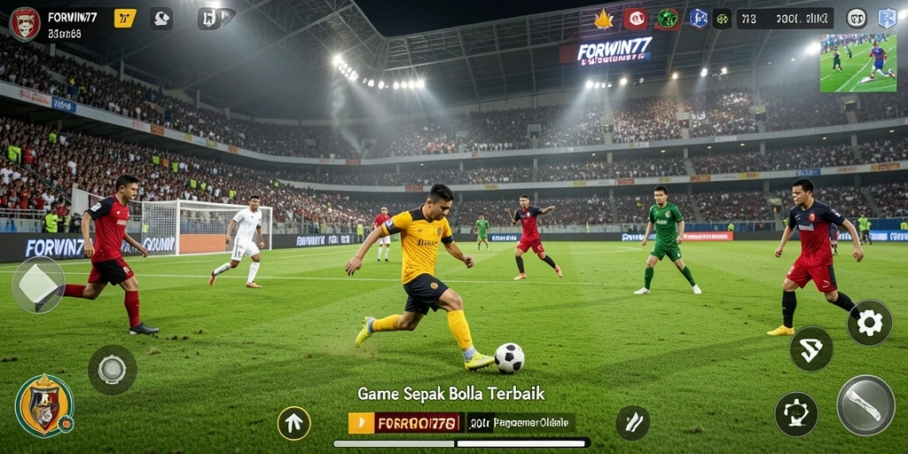 Tampilan gameplay seru di FORWIN77 yang menampilkan aksi sepak bola.