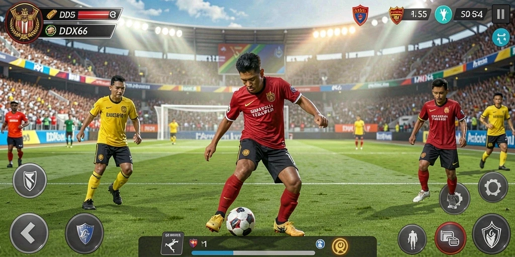 Screenshot permainan <strong>IDX66</strong> dengan aksi tim di lapangan.