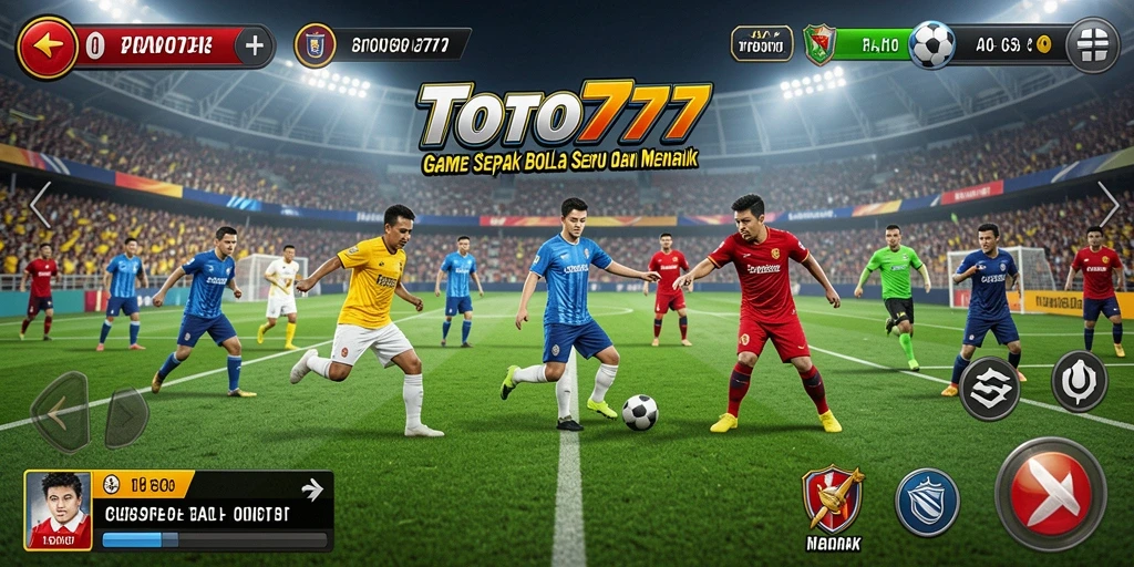 Screenshot utama TOTO777 menampilkan aksi seru di lapangan sepak bola.