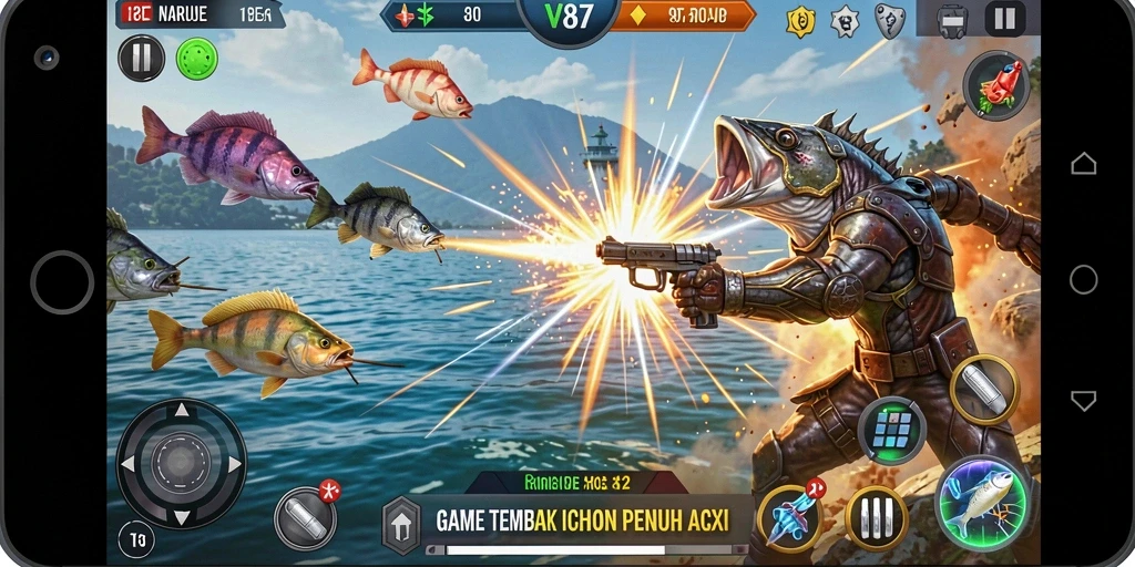 Screenshot utama V87 menampilkan aksi menembak ikan yang menegangkan.